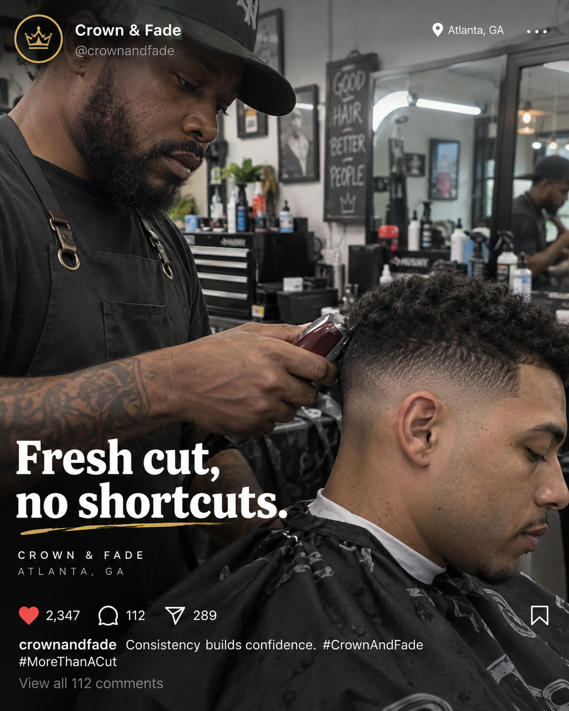 Barber creating content while cutting hair